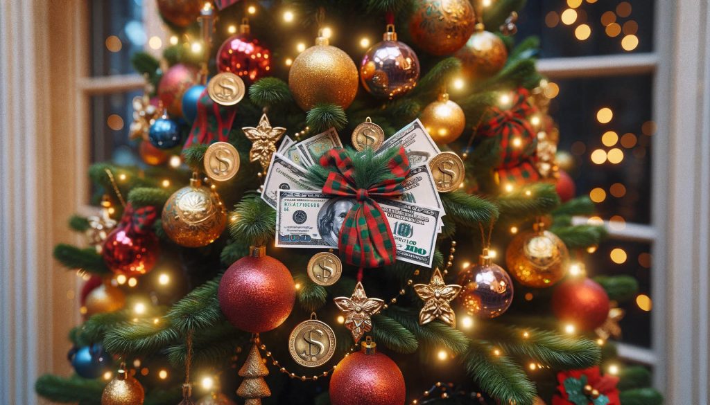 Money tied onto a Christmas tree with a bow on it