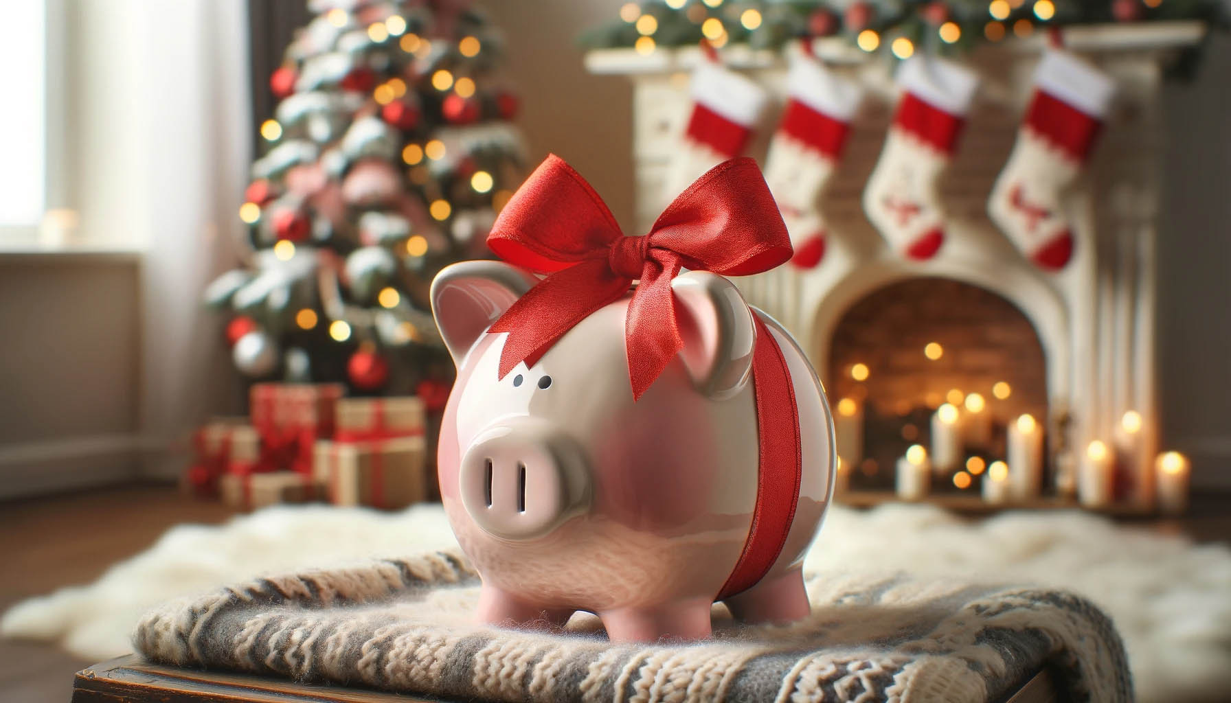 A piggybank wrapped in a Christmas bow with a Christmas background
